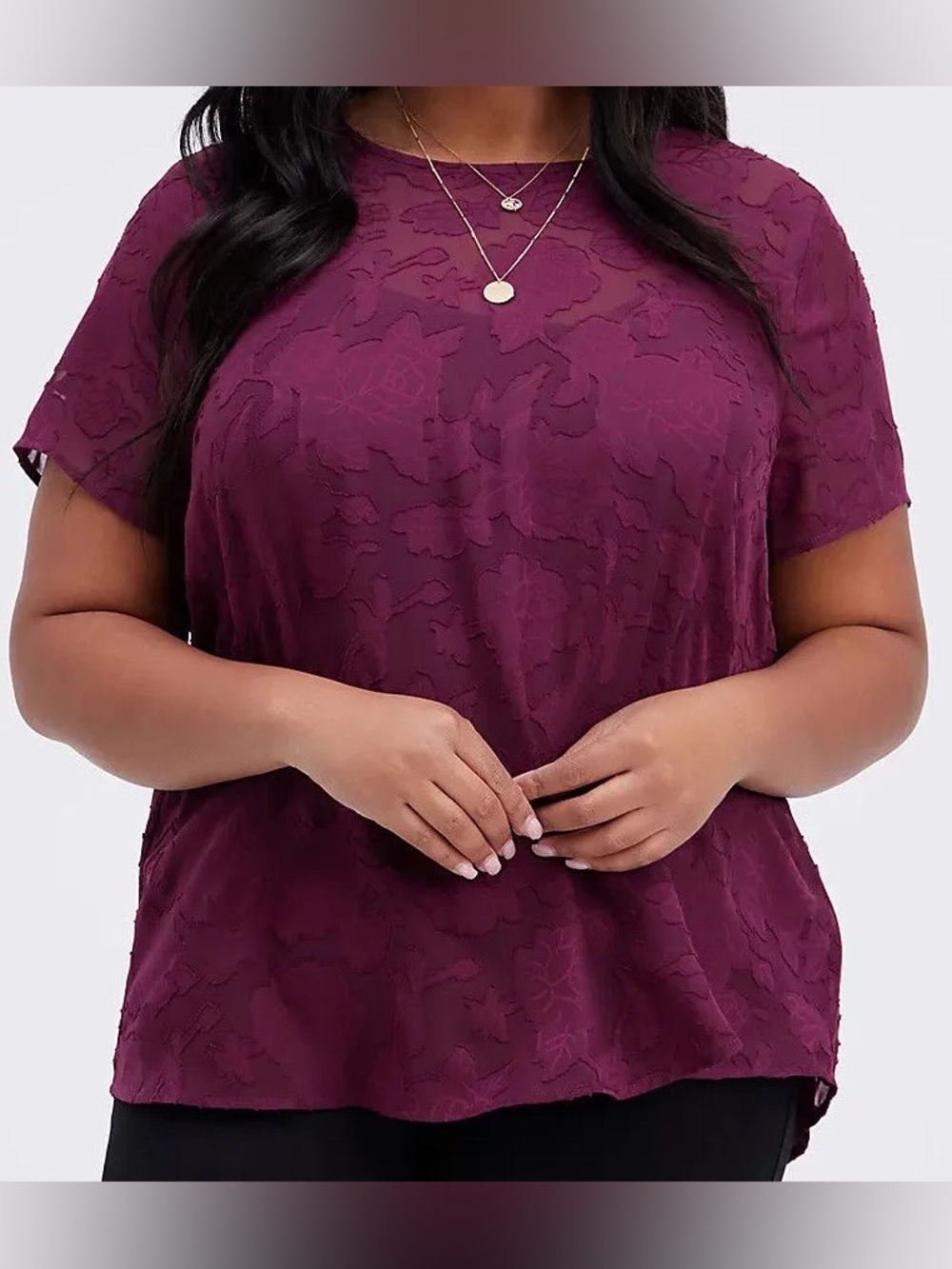 torrid Plum Lace Texture Floral Short Sleeve Blouse 0